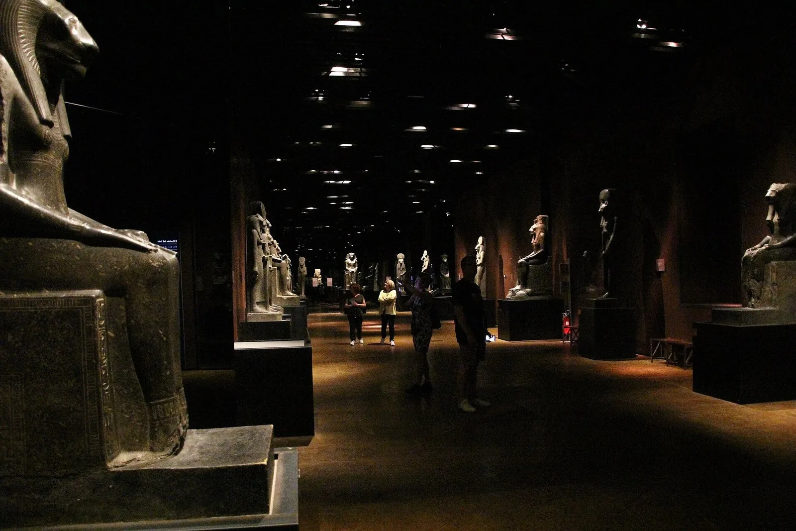 La galleria delle statue del Museo Egizio di Torino, allestita nella penombra